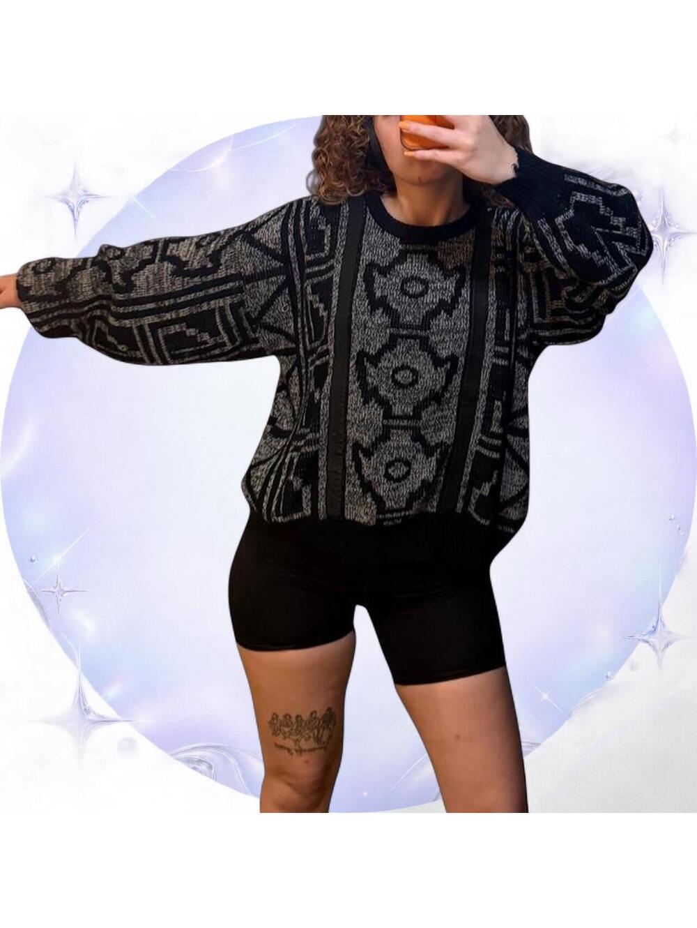 Vintage 90s Options Black Geometric Leather Trim Sweater Large